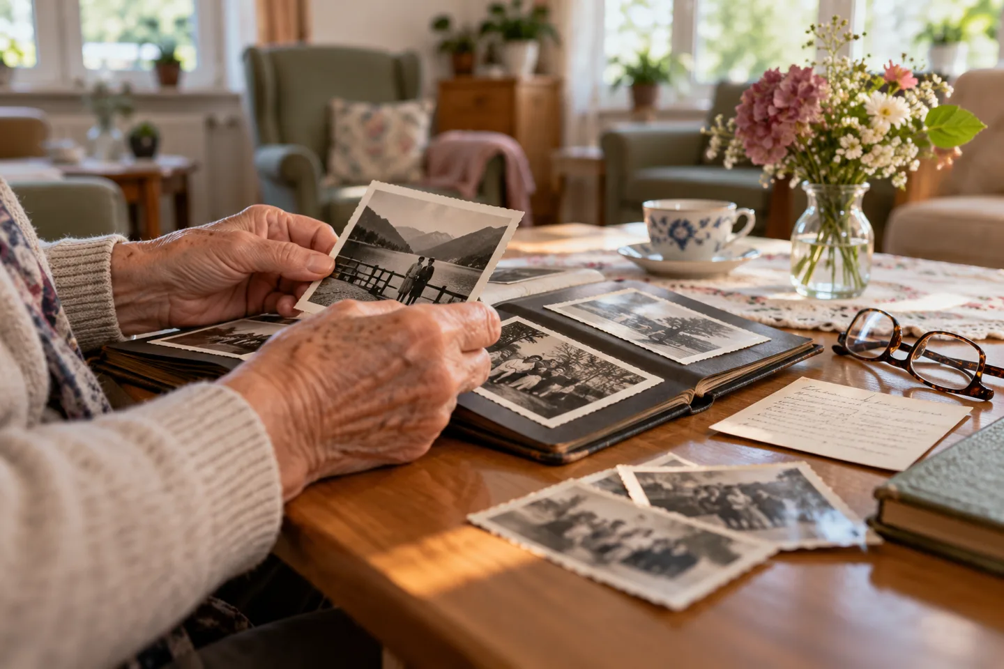 Ältere Hände betrachten historische Familienfotos in einem Album