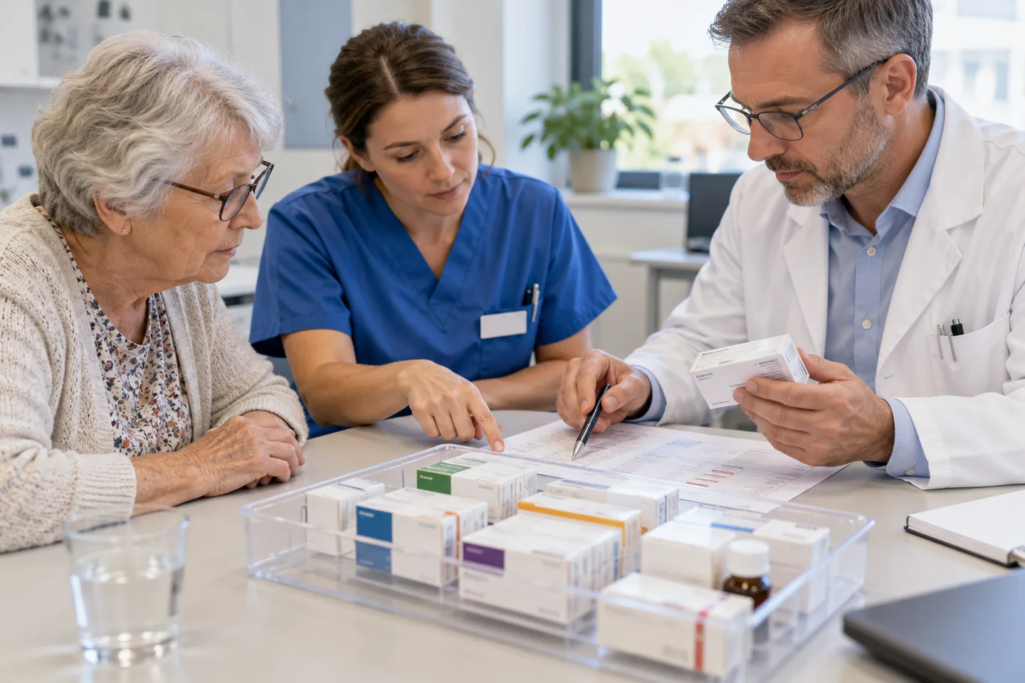 Patient, Pflegefachkraft und Apothekerin gleichen gemeinsam einen Medikationsplan ab