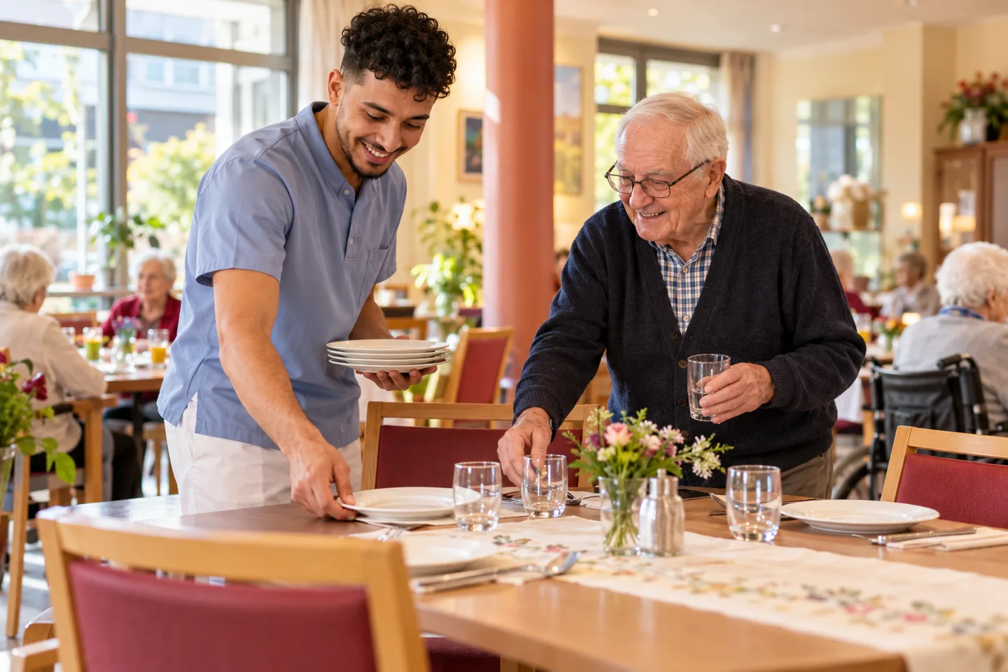Pflegeassistent und Bewohner decken gemeinsam einen Tisch im Speiseraum