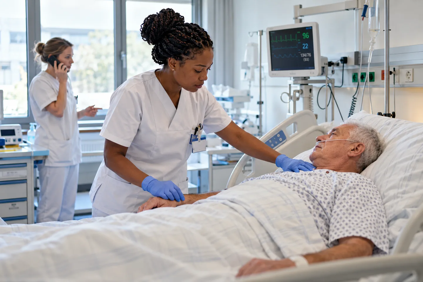 Pflegefachkraft kontrolliert bei einem älteren Patienten Atmung und Puls