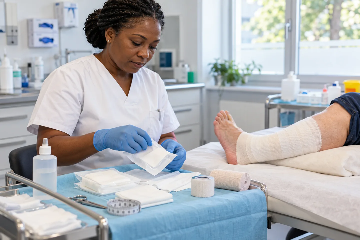 Wundexpertin bereitet sterile Materialien neben einem verbundenen Unterschenkel vor